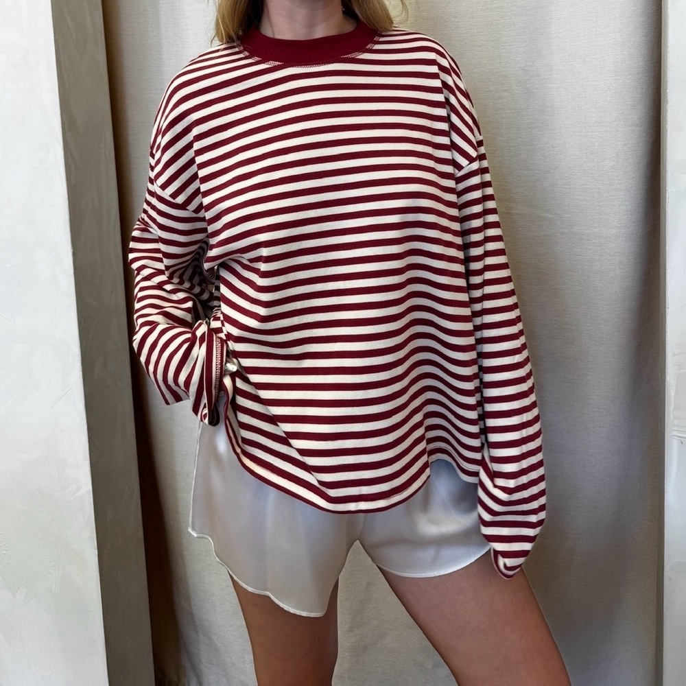 Striped Long Sleeve Crewneck Top - Burgundy & White